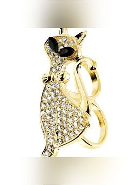 Gold Tone Crystalline Fashion Feline Double Finger Ring